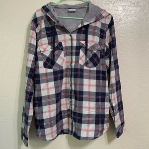 Columbia Plaid Long Sleeve Hooded Button Up Top